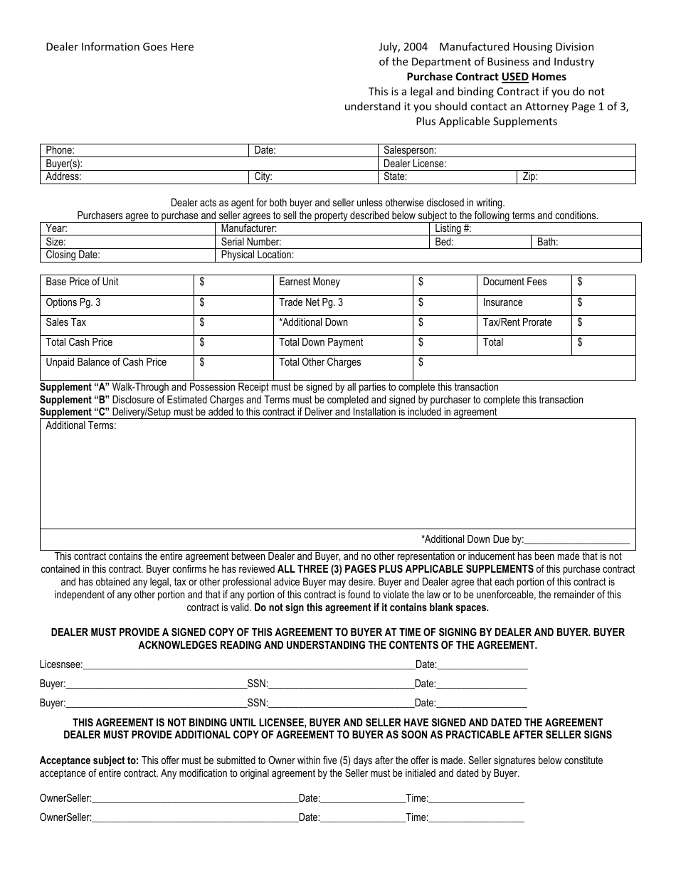 Purchase Contract - Used Homes - Nevada, Page 1
