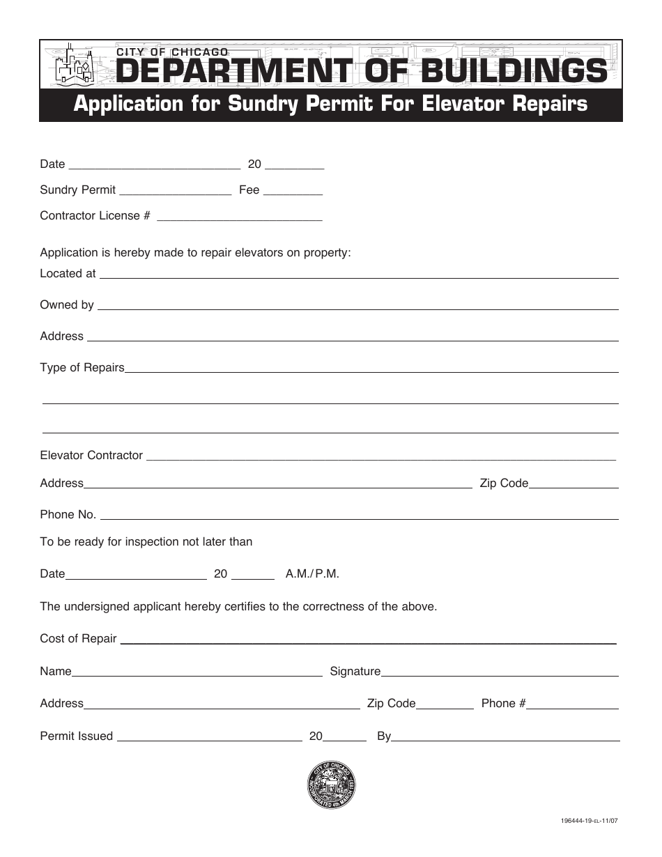 Application for Sundry Permit for Elevator Repairs - City of Chicago, Illinois, Page 1