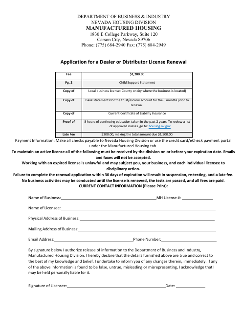 Form LIC-321 Application for a Dealer or Distributor License Renewal - Nevada