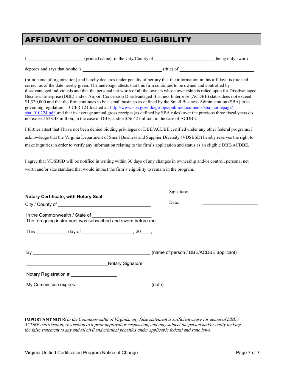 Virginia Unified Certification Program Notice of Change - Virginia, Page 7