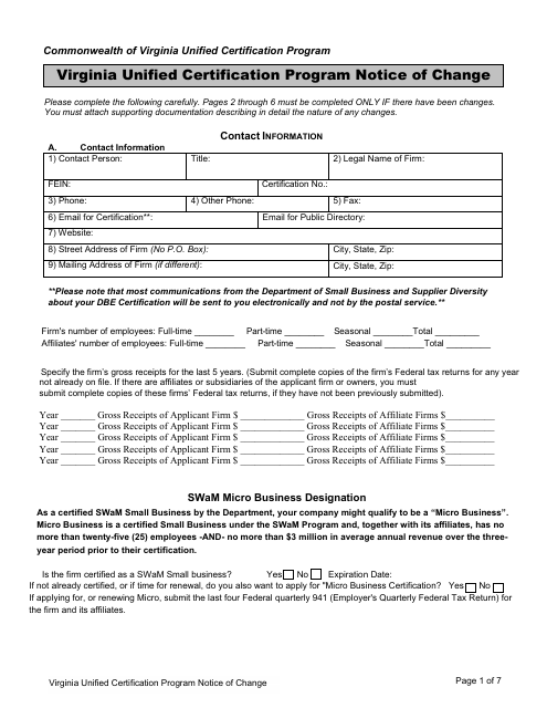 Virginia Unified Certification Program Notice of Change - Virginia Download Pdf