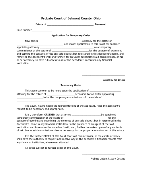 Attorney Form for Application for a Temporary Order for Safe Deposit Boxes - Belmont County, Ohio Download Pdf