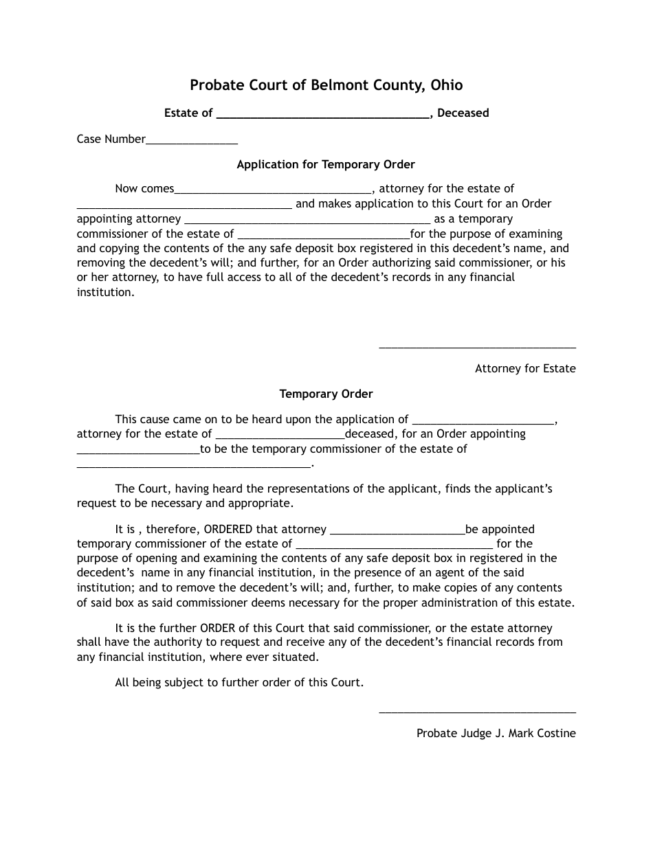 Attorney Form for Application for a Temporary Order for Safe Deposit Boxes - Belmont County, Ohio, Page 1