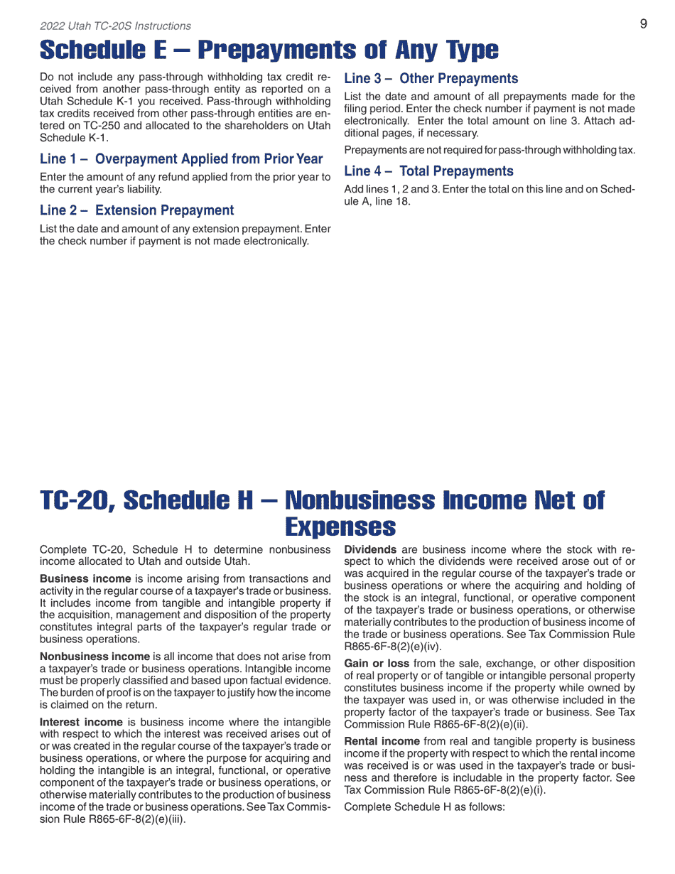 Instructions for Form TC-20S Utah S Corporation Return - Utah, Page 11