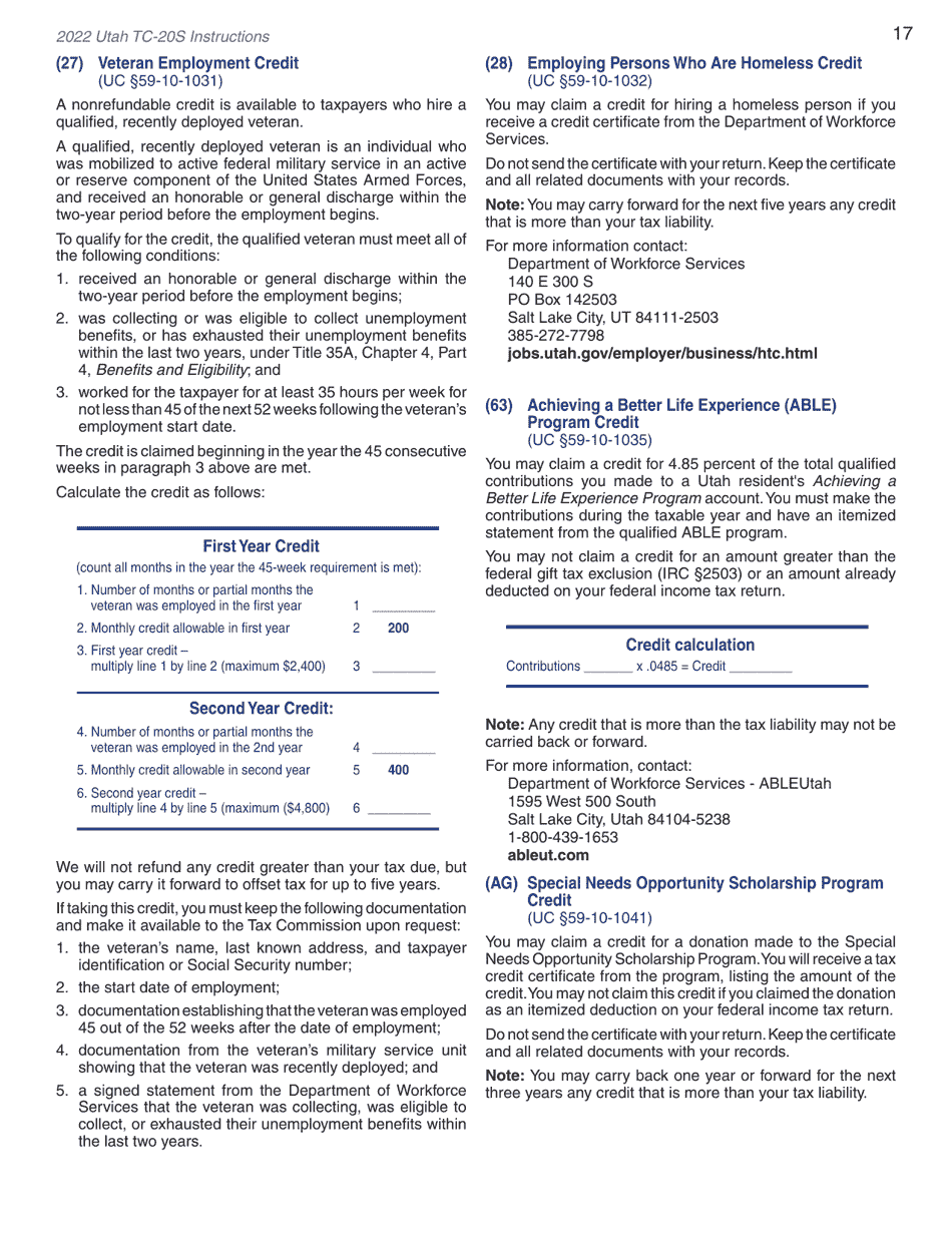 Instructions for Form TC-20S Utah S Corporation Return - Utah, Page 19
