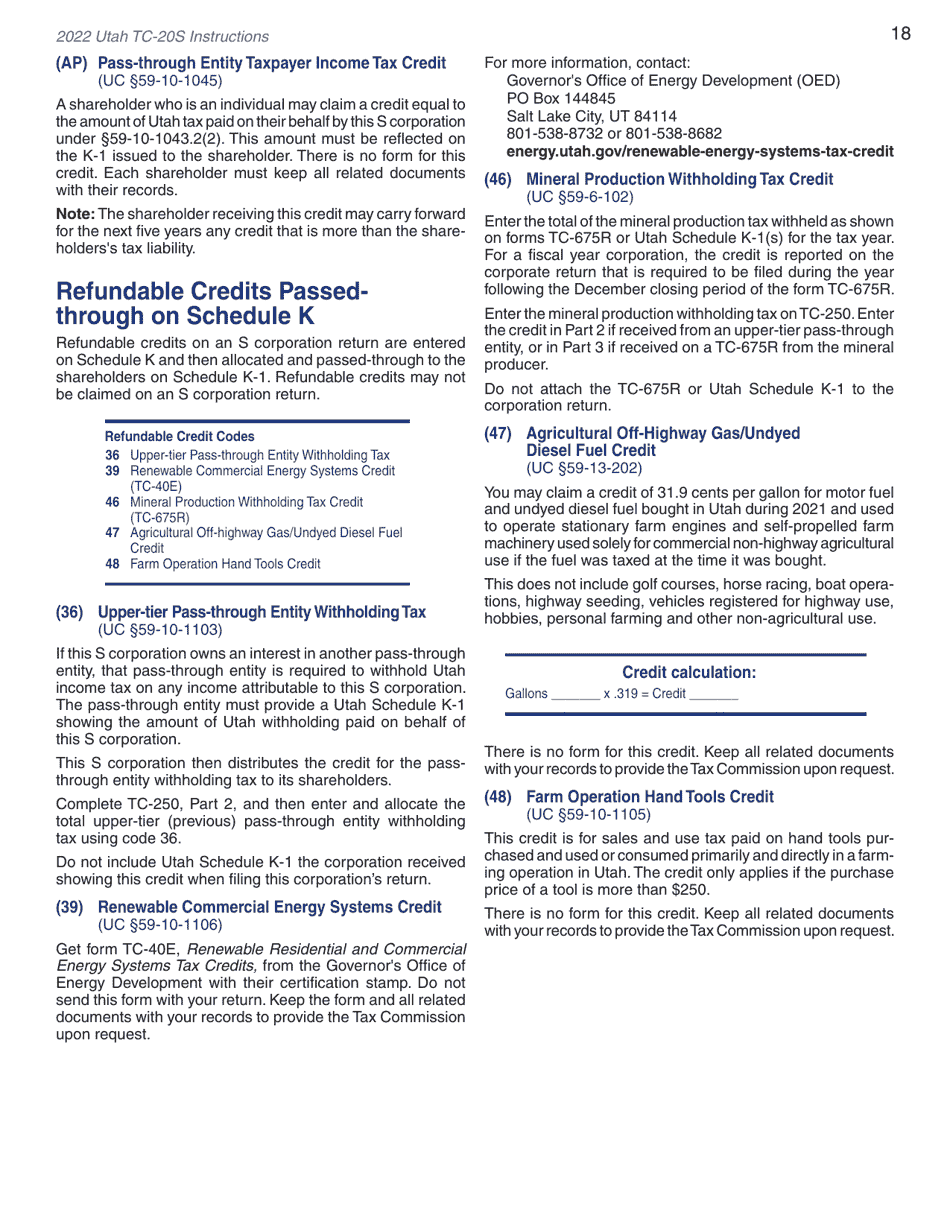 Instructions for Form TC-20S Utah S Corporation Return - Utah, Page 20