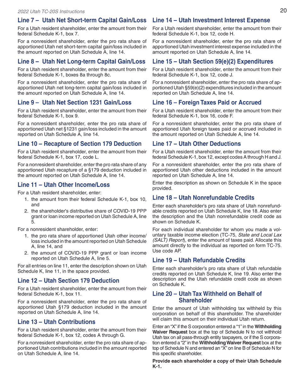 Instructions for Form TC-20S Utah S Corporation Return - Utah, Page 22