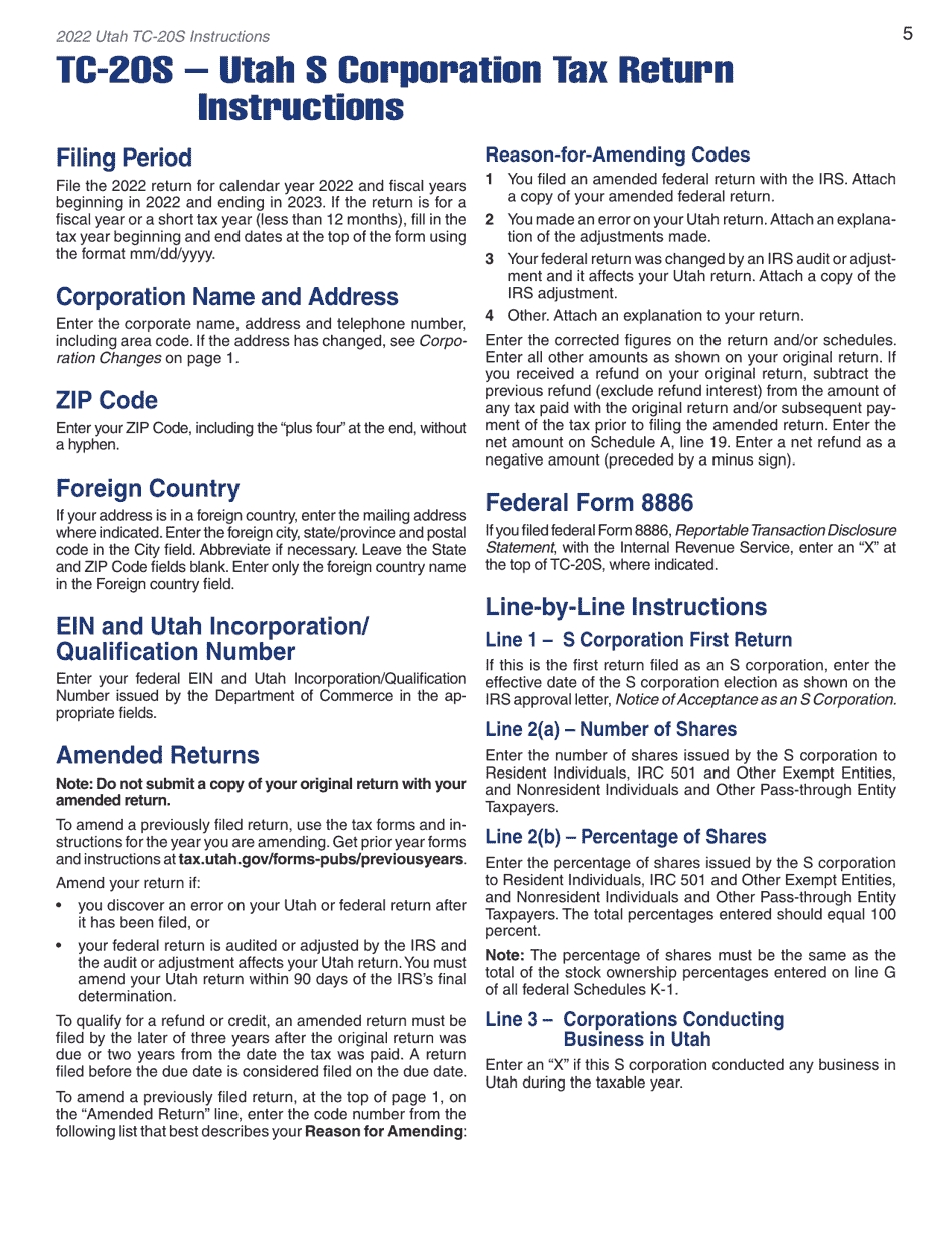 Instructions for Form TC-20S Utah S Corporation Return - Utah, Page 7