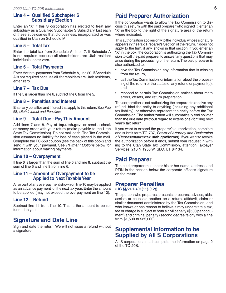 Instructions for Form TC-20S Utah S Corporation Return - Utah, Page 8