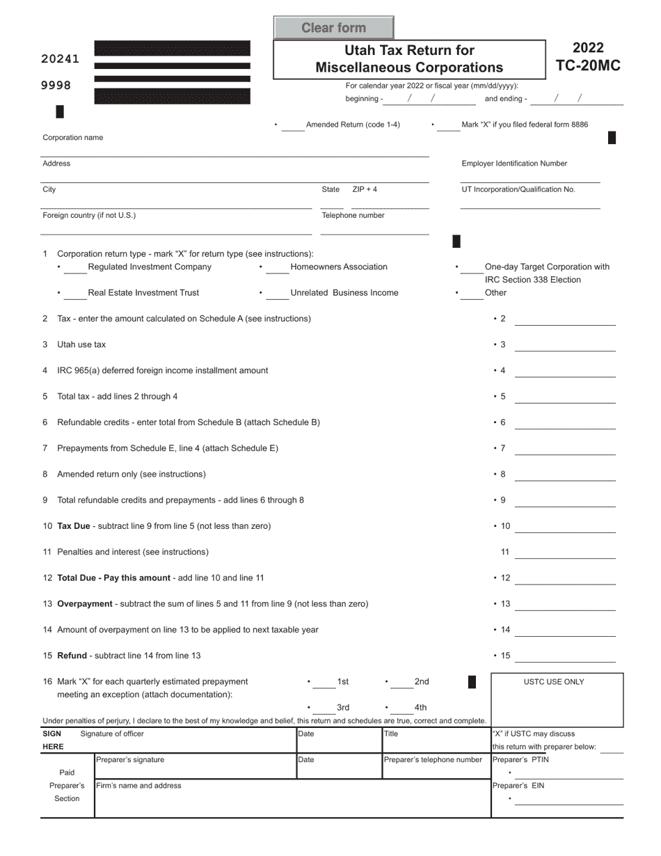 Form TC-20MC Utah Tax Return for Miscellaneous Corporations - Utah, Page 1