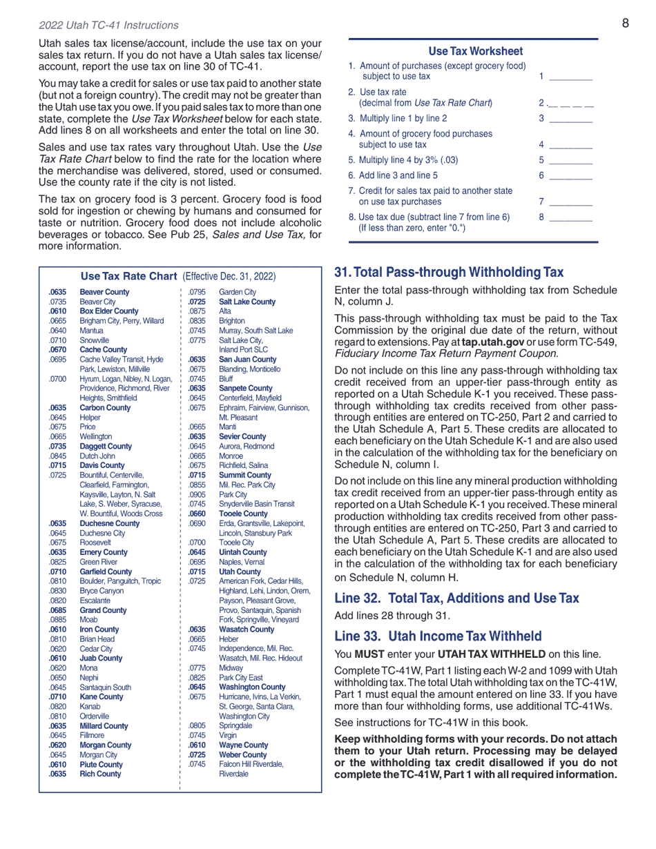 Instructions for Form TC-41 Utah Fiduciary Income Tax Return - Utah, Page 10