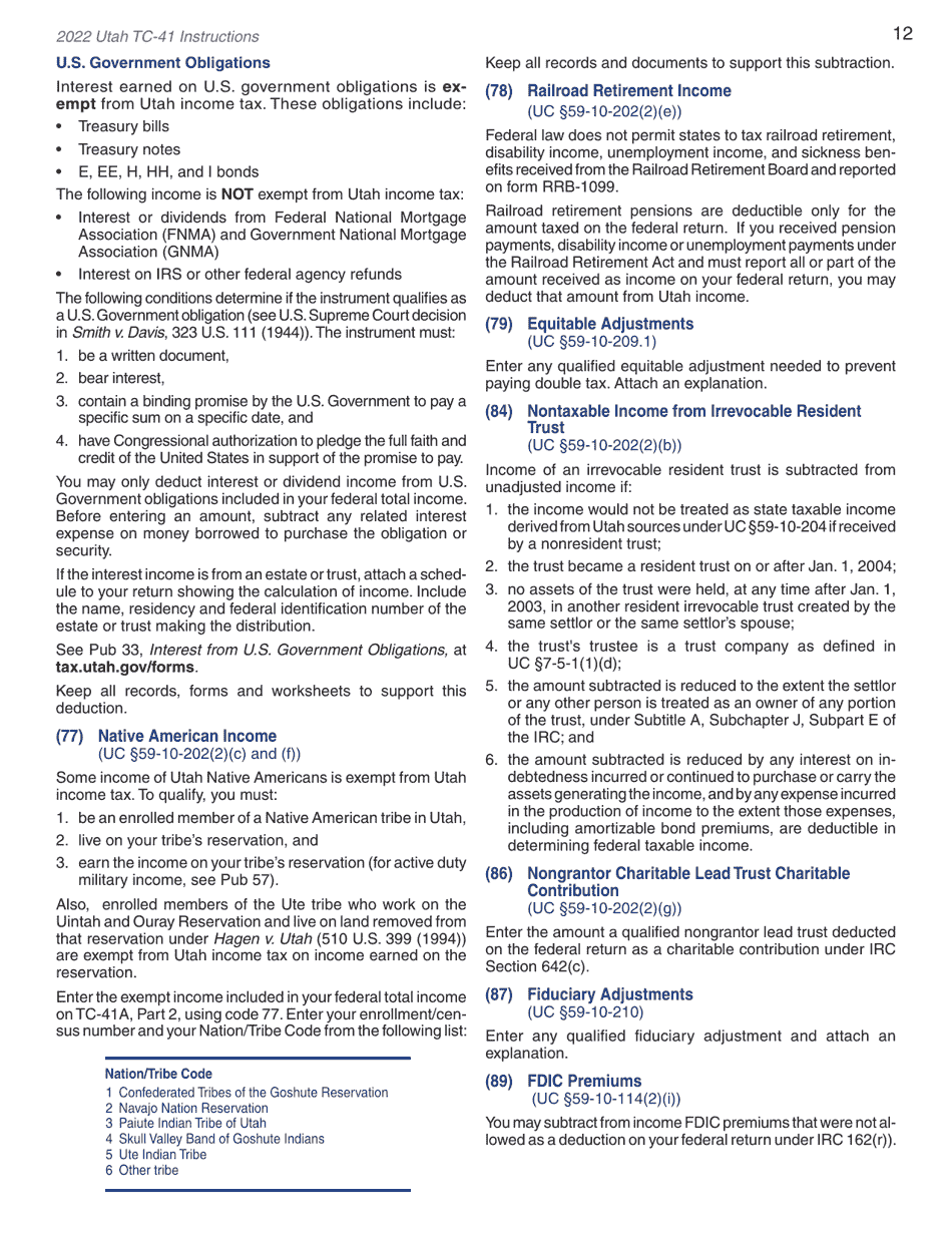 Instructions for Form TC-41 Utah Fiduciary Income Tax Return - Utah, Page 14