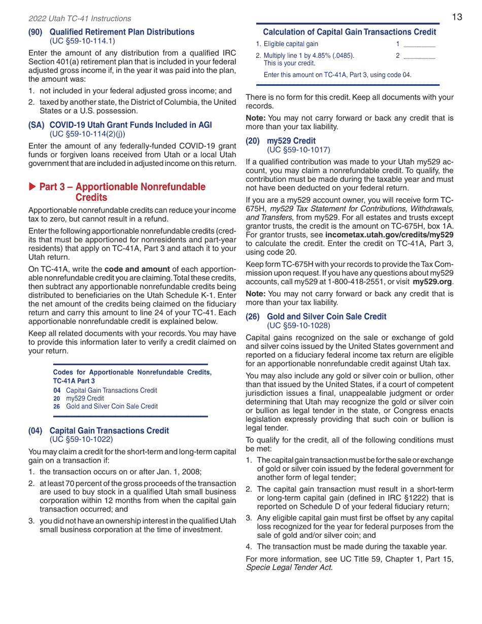 Instructions for Form TC-41 Utah Fiduciary Income Tax Return - Utah, Page 15