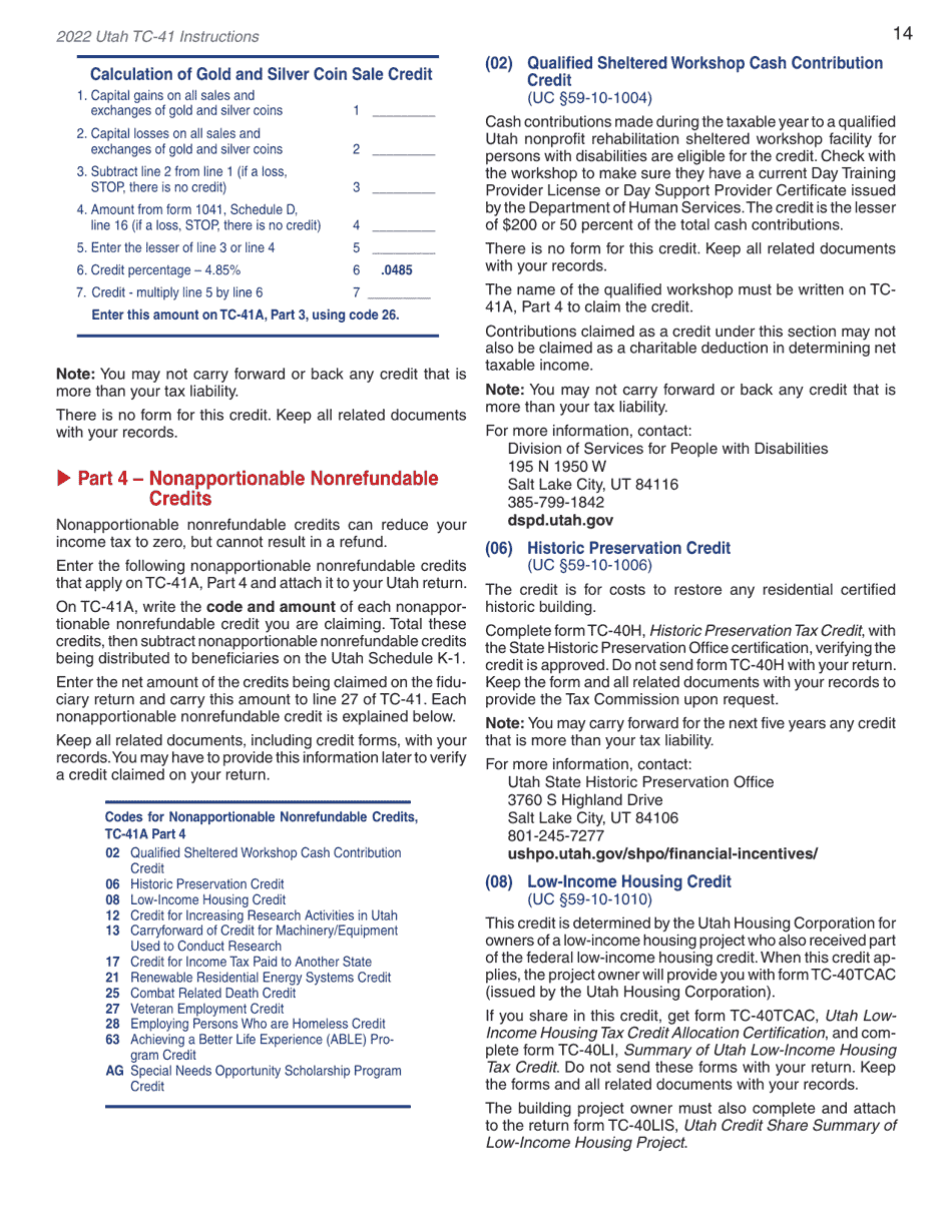 Instructions for Form TC-41 Utah Fiduciary Income Tax Return - Utah, Page 16