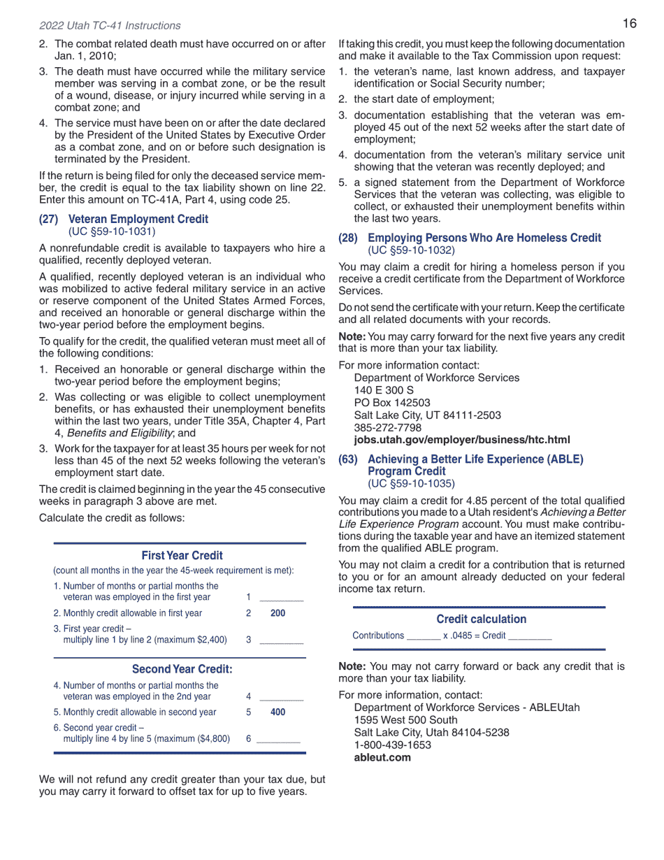 Instructions for Form TC-41 Utah Fiduciary Income Tax Return - Utah, Page 18
