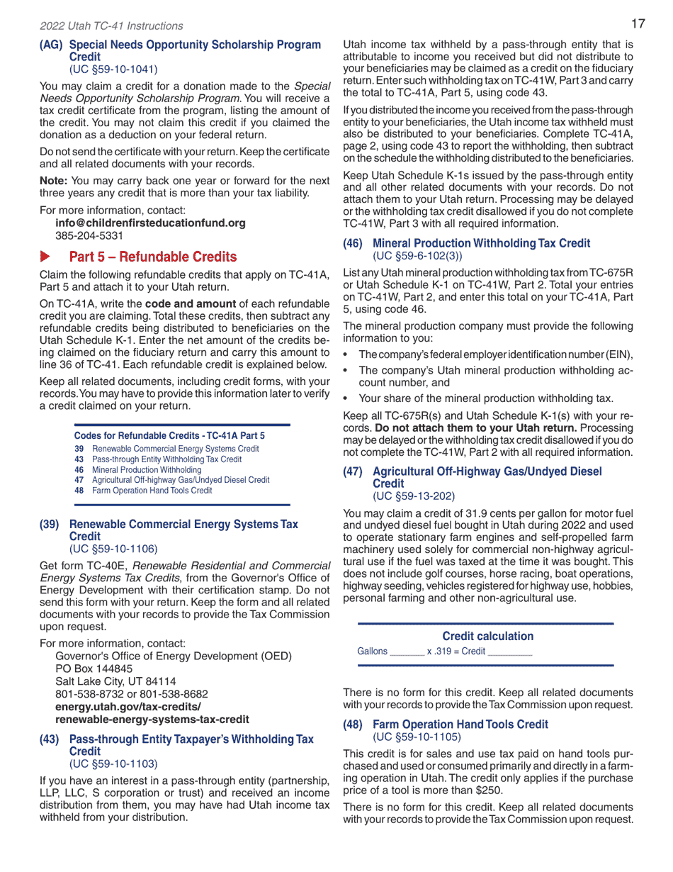 Instructions for Form TC-41 Utah Fiduciary Income Tax Return - Utah, Page 19