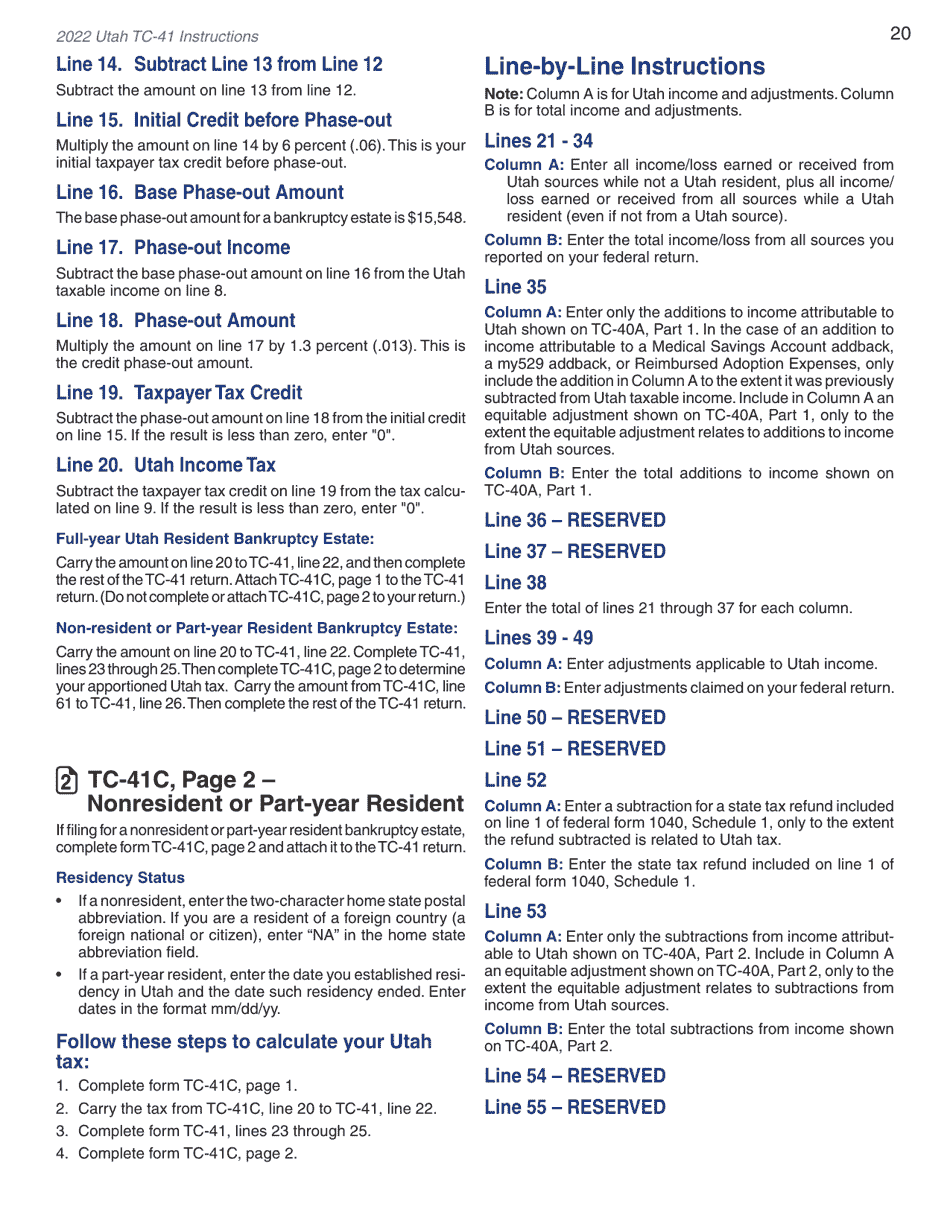 Instructions for Form TC-41 Utah Fiduciary Income Tax Return - Utah, Page 22