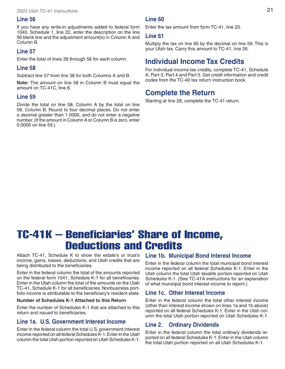 Instructions for Form TC-41 Utah Fiduciary Income Tax Return - Utah, Page 23
