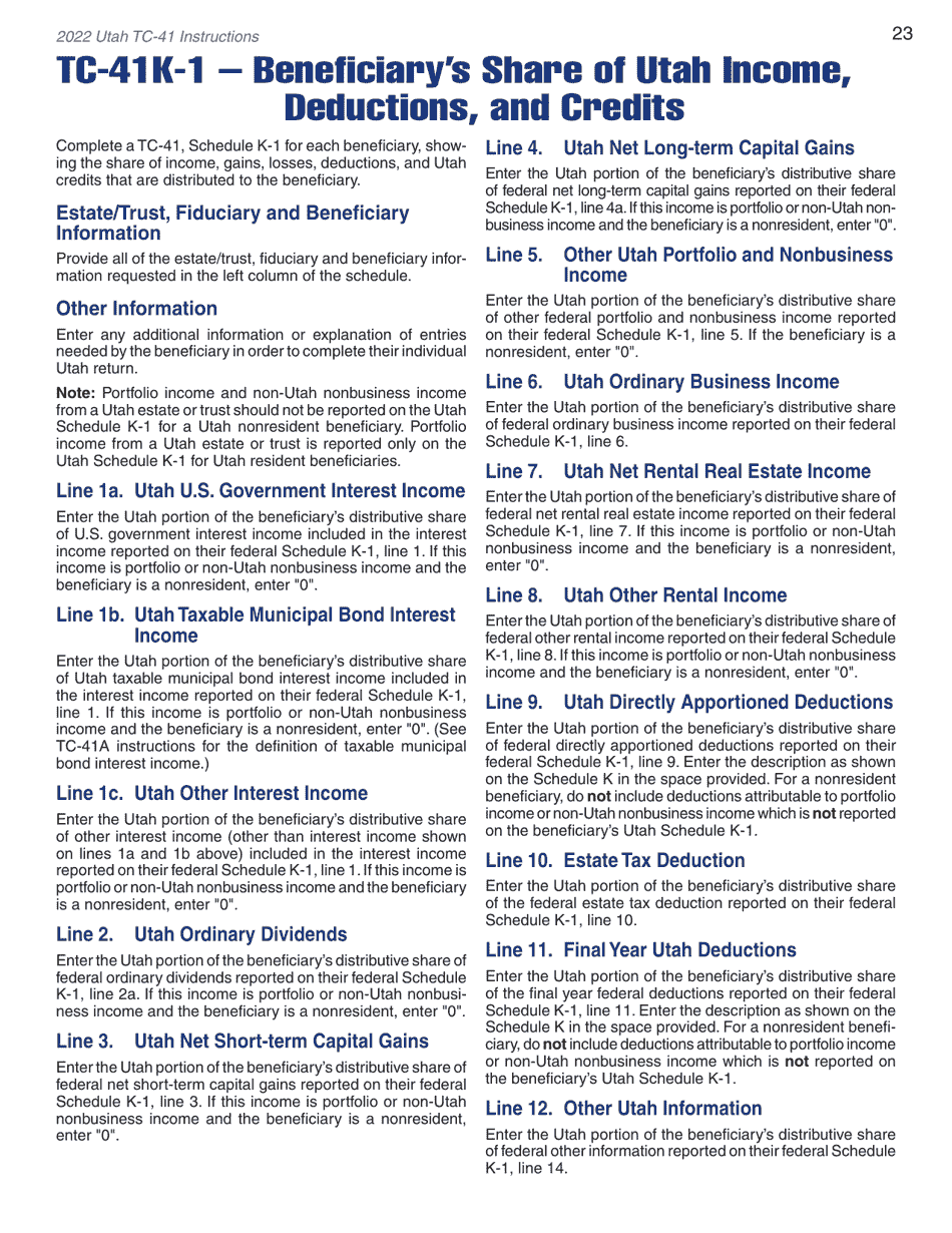 Instructions for Form TC-41 Utah Fiduciary Income Tax Return - Utah, Page 25