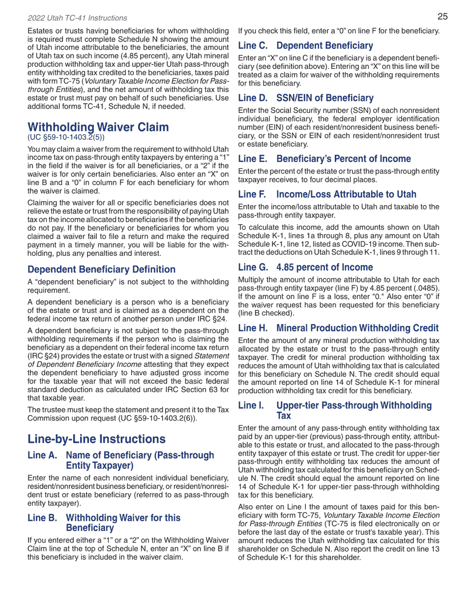 Instructions for Form TC-41 Utah Fiduciary Income Tax Return - Utah, Page 27
