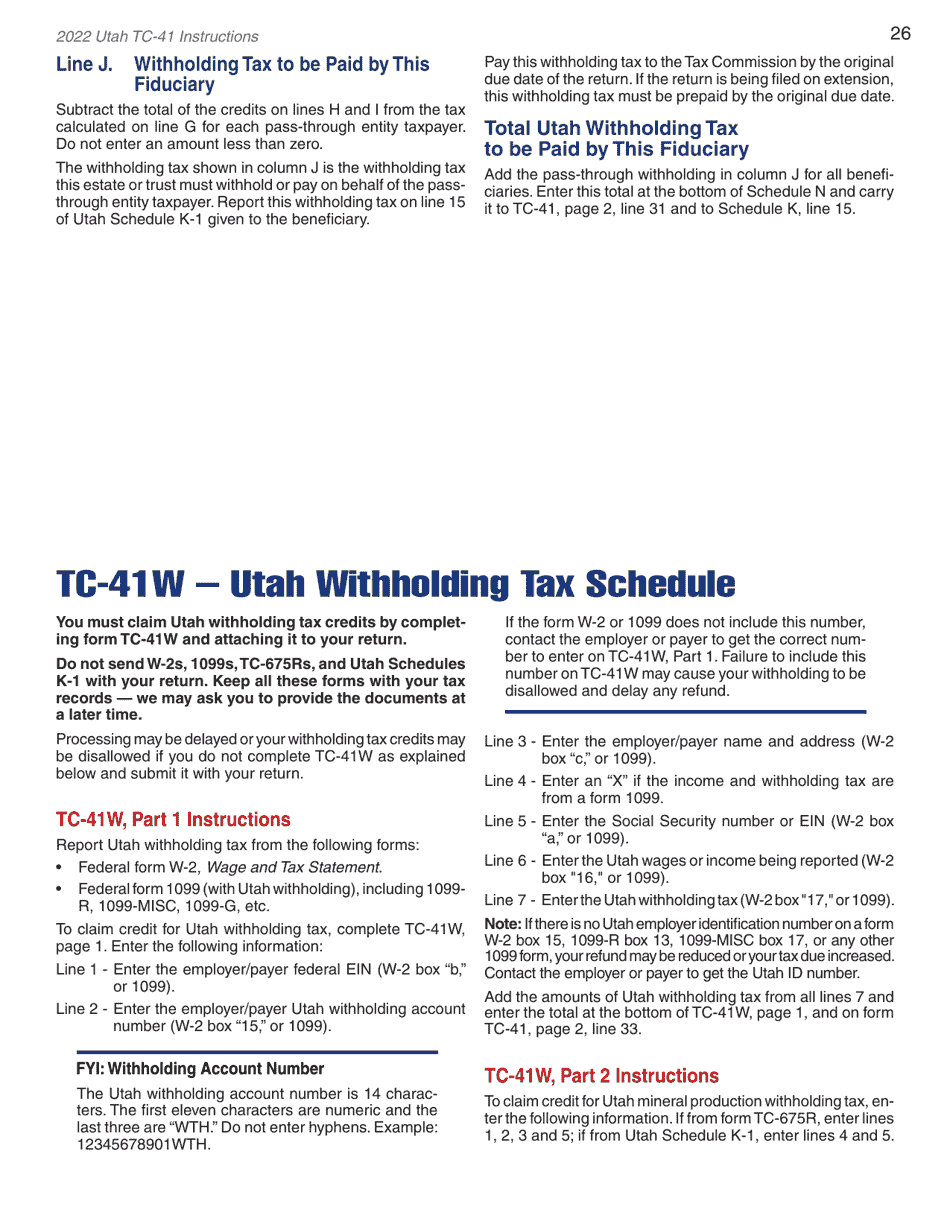 Instructions for Form TC-41 Utah Fiduciary Income Tax Return - Utah, Page 28