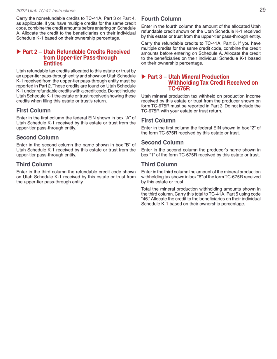 Instructions for Form TC-41 Utah Fiduciary Income Tax Return - Utah, Page 31