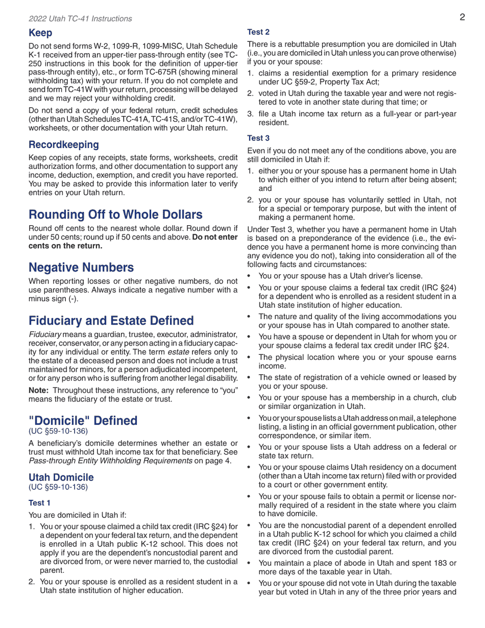 Instructions for Form TC-41 Utah Fiduciary Income Tax Return - Utah, Page 4