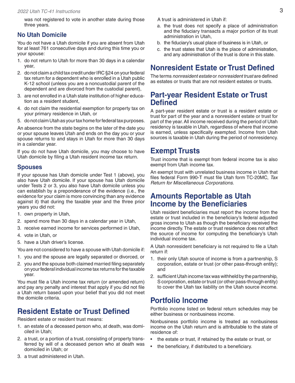 Instructions for Form TC-41 Utah Fiduciary Income Tax Return - Utah, Page 5