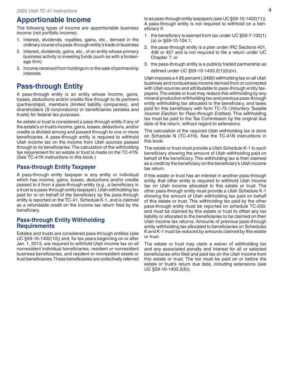 Instructions for Form TC-41 Utah Fiduciary Income Tax Return - Utah, Page 6