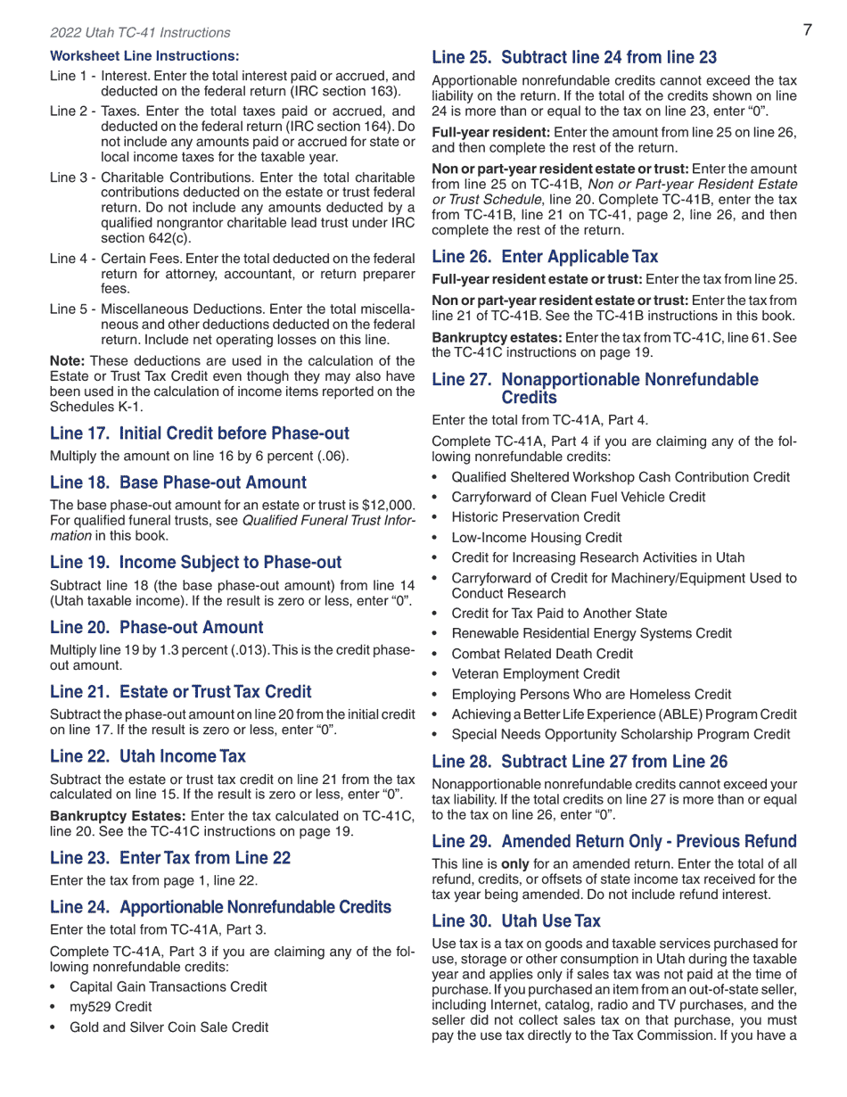 Instructions for Form TC-41 Utah Fiduciary Income Tax Return - Utah, Page 9