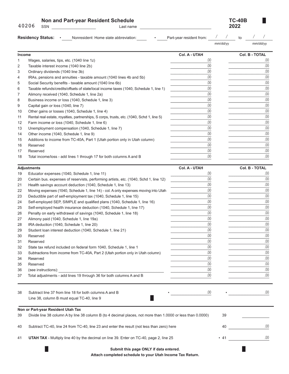 Form Tc 40b Download Fillable Pdf Or Fill Online Non And Part Year Resident Schedule 2022