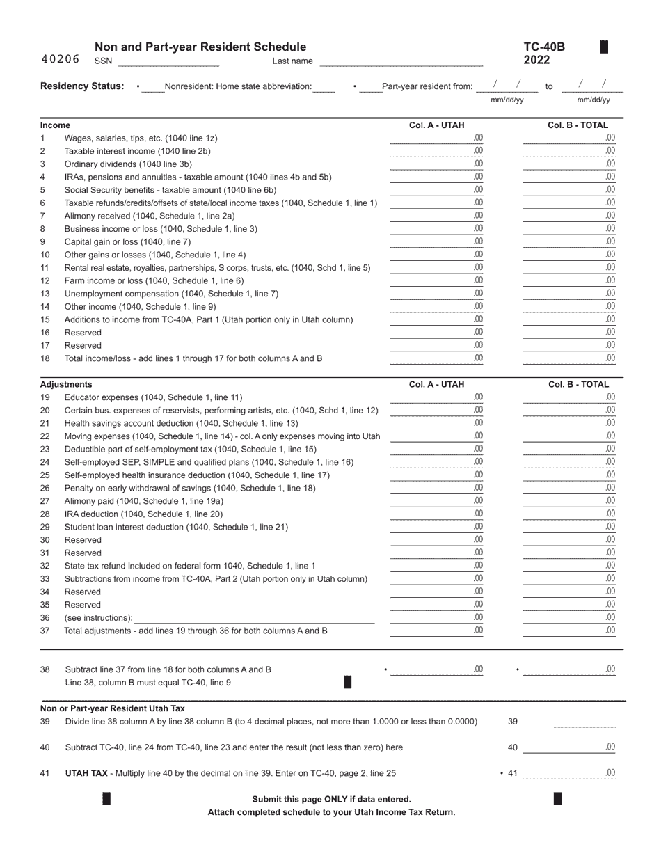 Form TC-40B Non and Part-Year Resident Schedule - Utah, Page 1