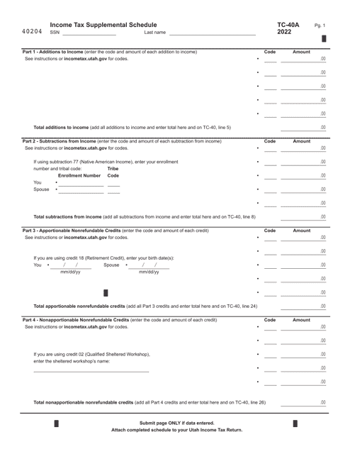 Form TC-40A Income Tax Supplemental Schedule - Utah, 2022