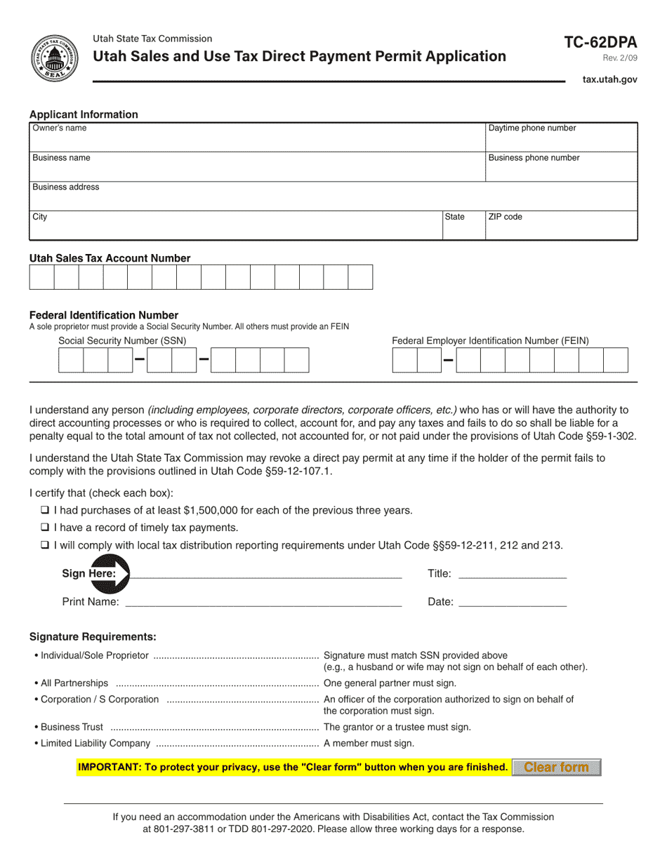 Form TC-62DPA Utah Sales and Use Tax Direct Payment Permit Application - Utah, Page 1