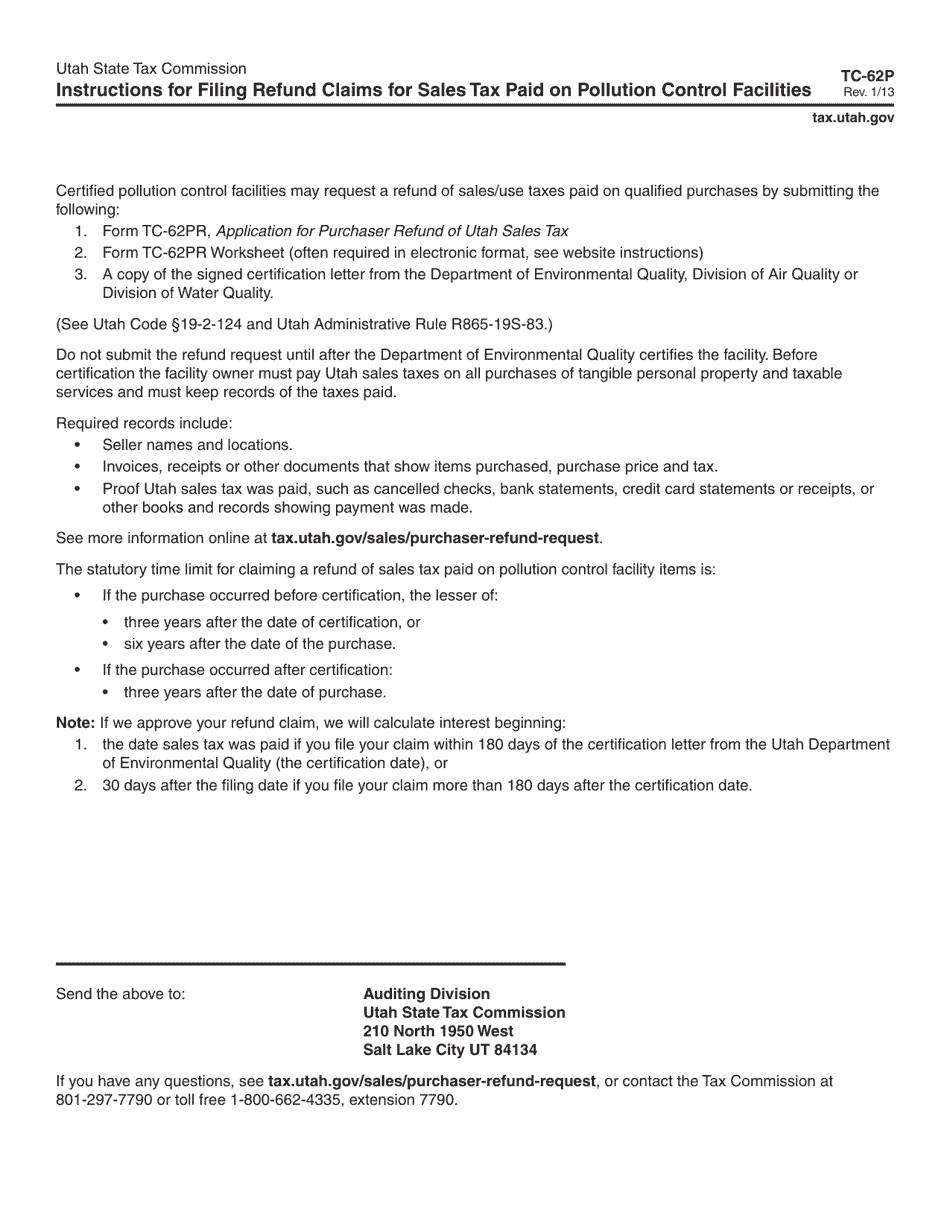 Form TC-62P Instructions for Filing Refund Claims for Sales Tax Paid on Pollution Control Facilities - Utah, Page 1