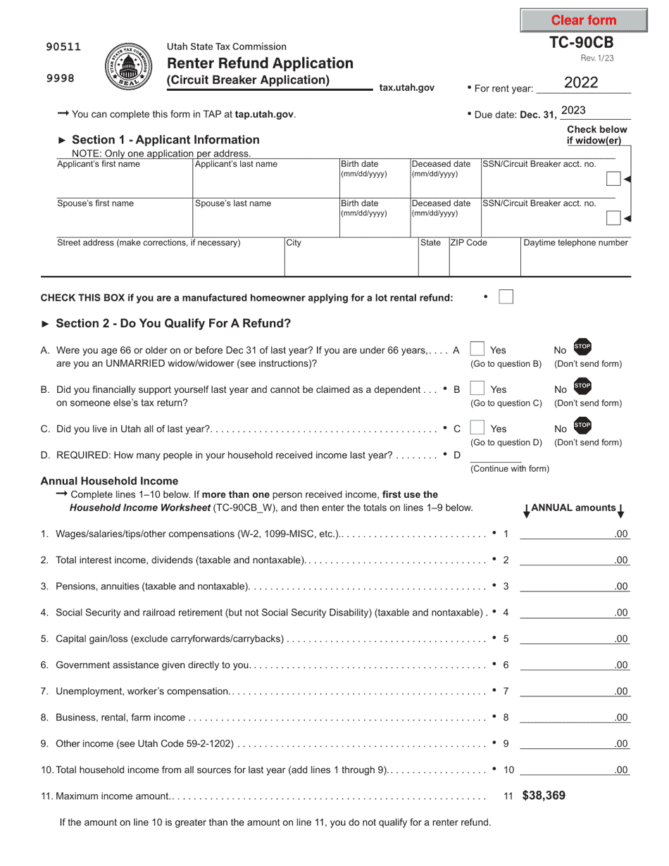 Form TC-90CB Renter Refund Application - Utah, Page 1