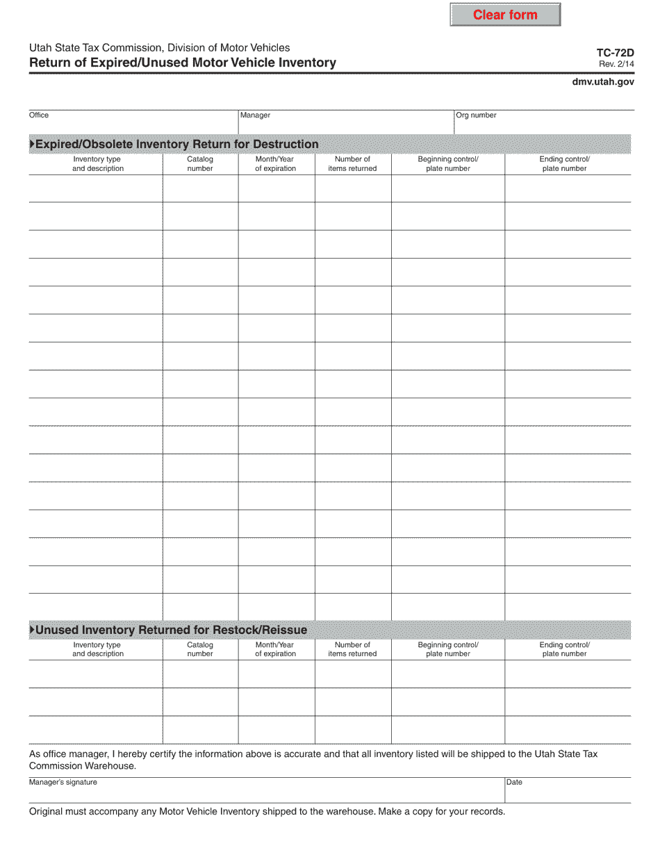 Form TC-72D Return of Expired / Unused Motor Vehicle Inventory - Utah, Page 1