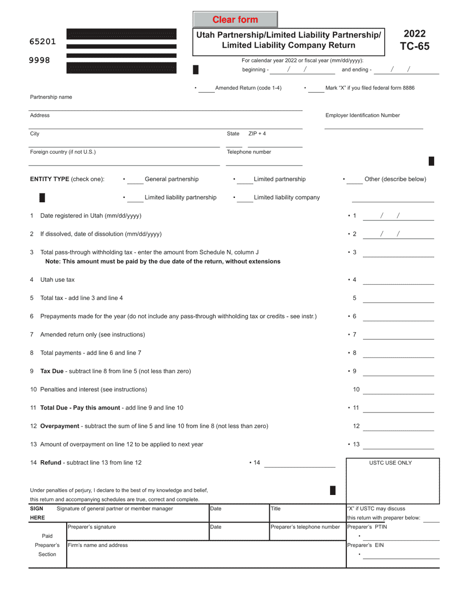 Form TC-65 Utah Partnership / Limited Liability Partnership / Limited Liability Company Return - Utah, Page 1