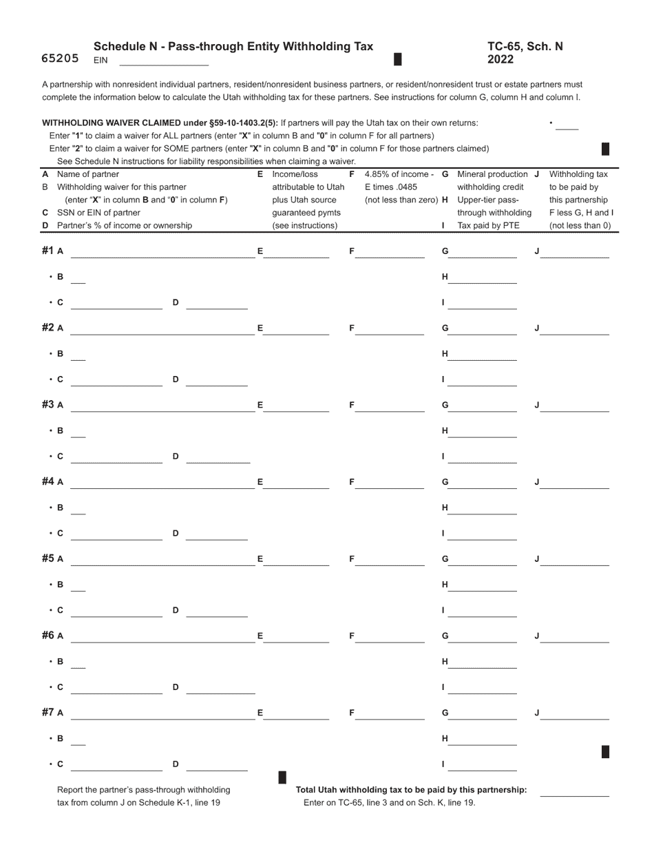 Form TC-65 Utah Partnership / Limited Liability Partnership / Limited Liability Company Return - Utah, Page 9