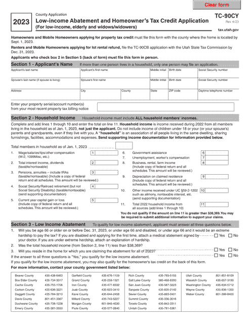 Form TC-90CY Low Income Abatement and Homeowner's Tax Credit Application (For Low-Income, Elderly and Widows/Widowers) - Utah, 2023