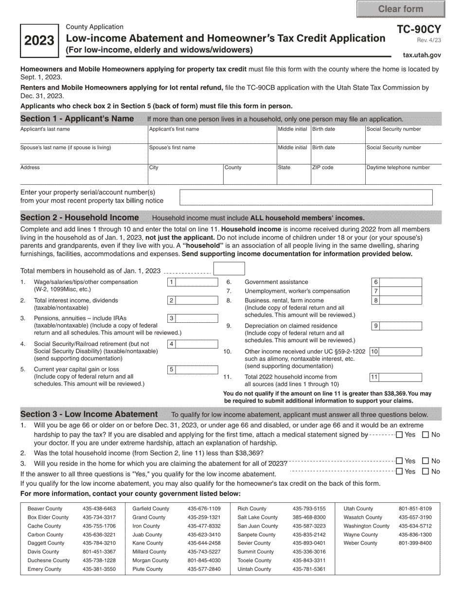 Form TC-90CY Low Income Abatement and Homeowners Tax Credit Application (For Low-Income, Elderly and Widows / Widowers) - Utah, Page 1
