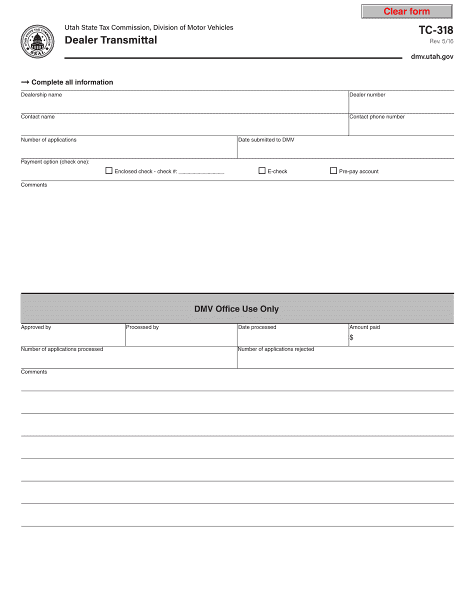 Form TC-318 Dealer Transmittal - Utah, Page 1