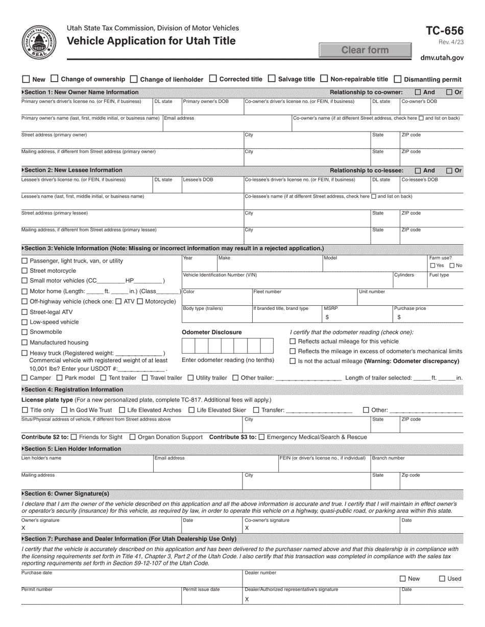 Form TC-656 Vehicle Application for Utah Title - Utah, Page 1