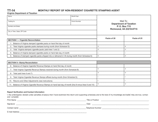 Document preview: Form TT-14 Monthly Report of Non-resident Cigarette Stamping Agent - Virginia