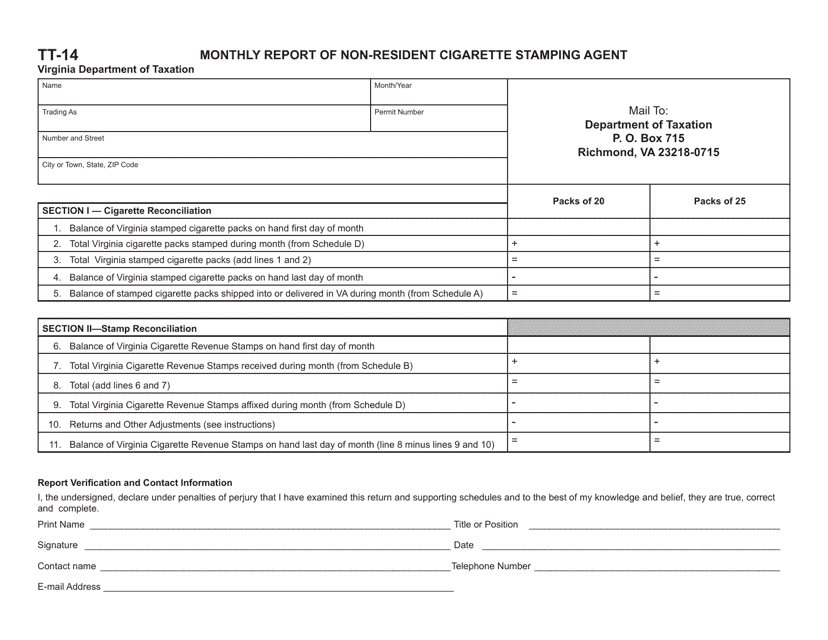 Form TT-14 Monthly Report of Non-resident Cigarette Stamping Agent - Virginia