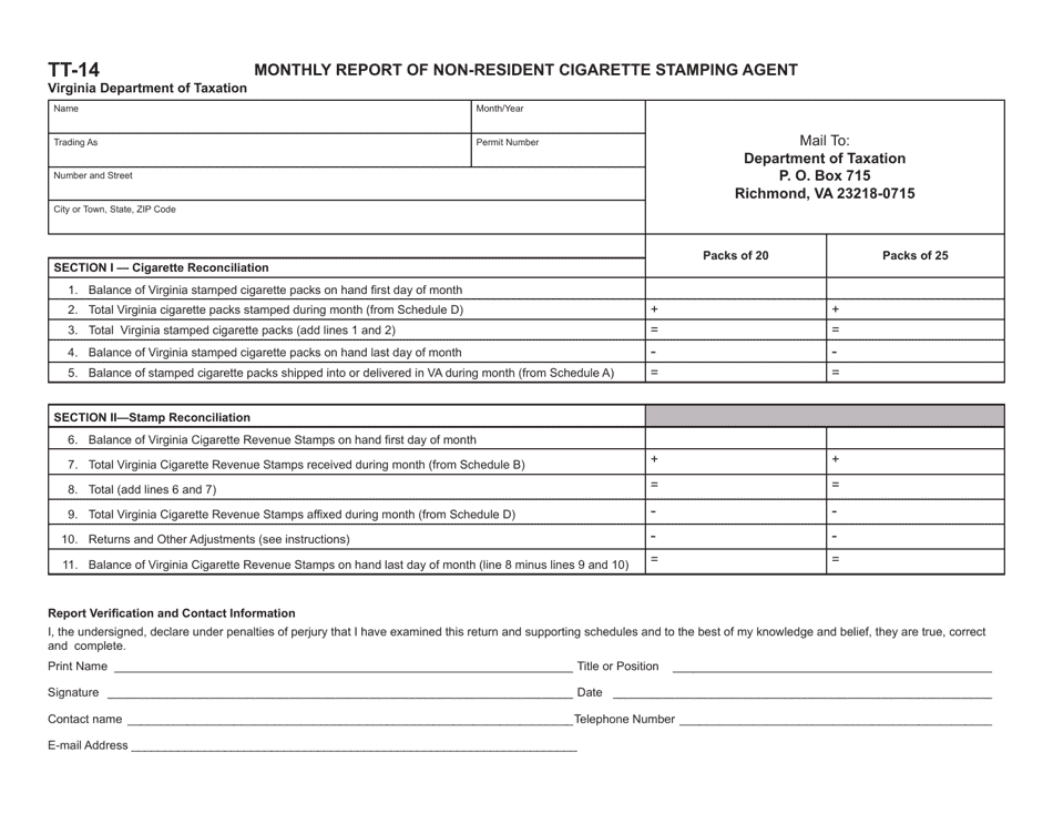Form TT-14 Monthly Report of Non-resident Cigarette Stamping Agent - Virginia, Page 1