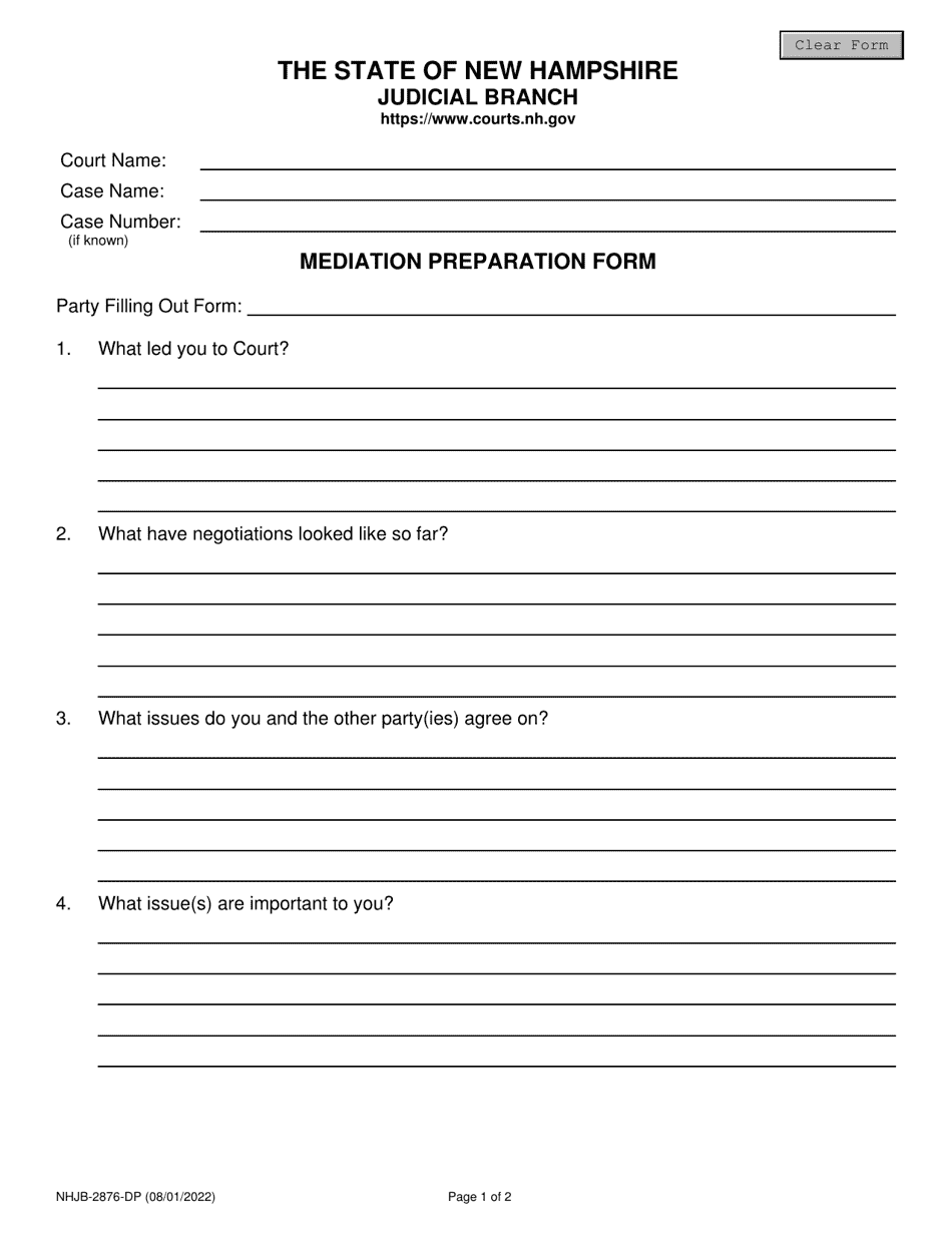 Form NHJB-2876-DP Mediation Preparation Form - New Hampshire, Page 1