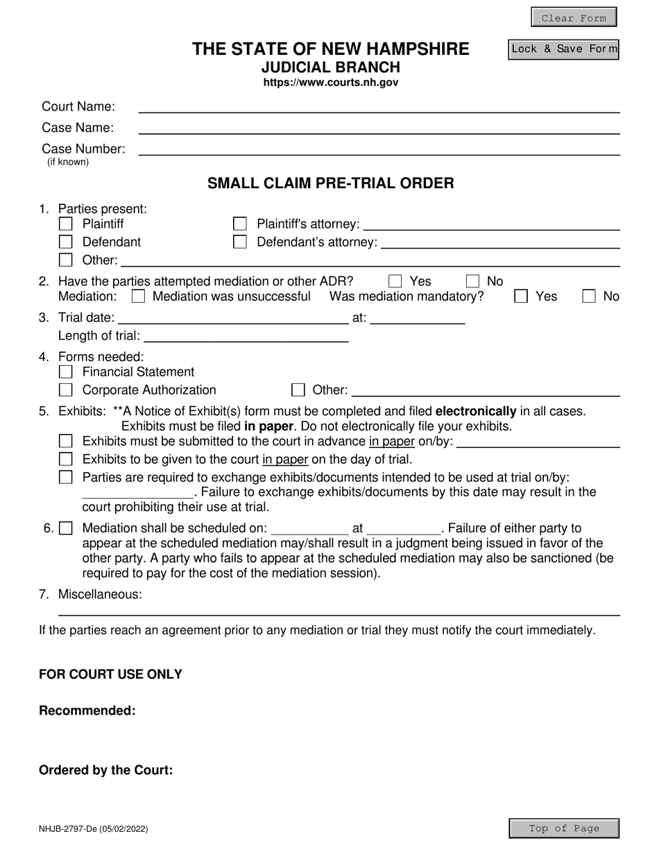 Form NHJB-2797-DE Small Claim Pre-trial Order - New Hampshire, Page 1