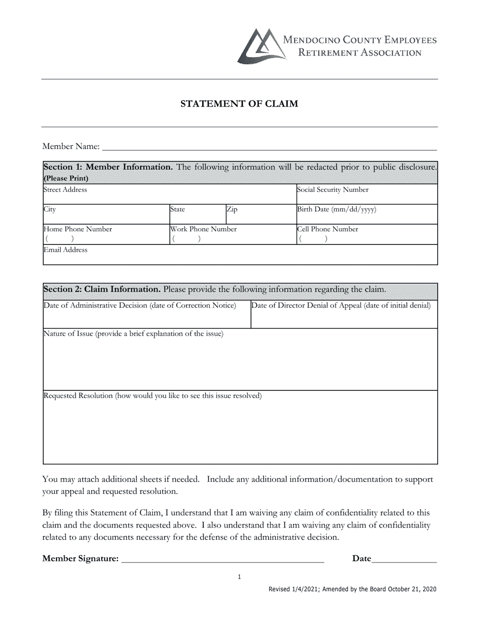 Statement of Claim - Mendocino County, California, Page 1