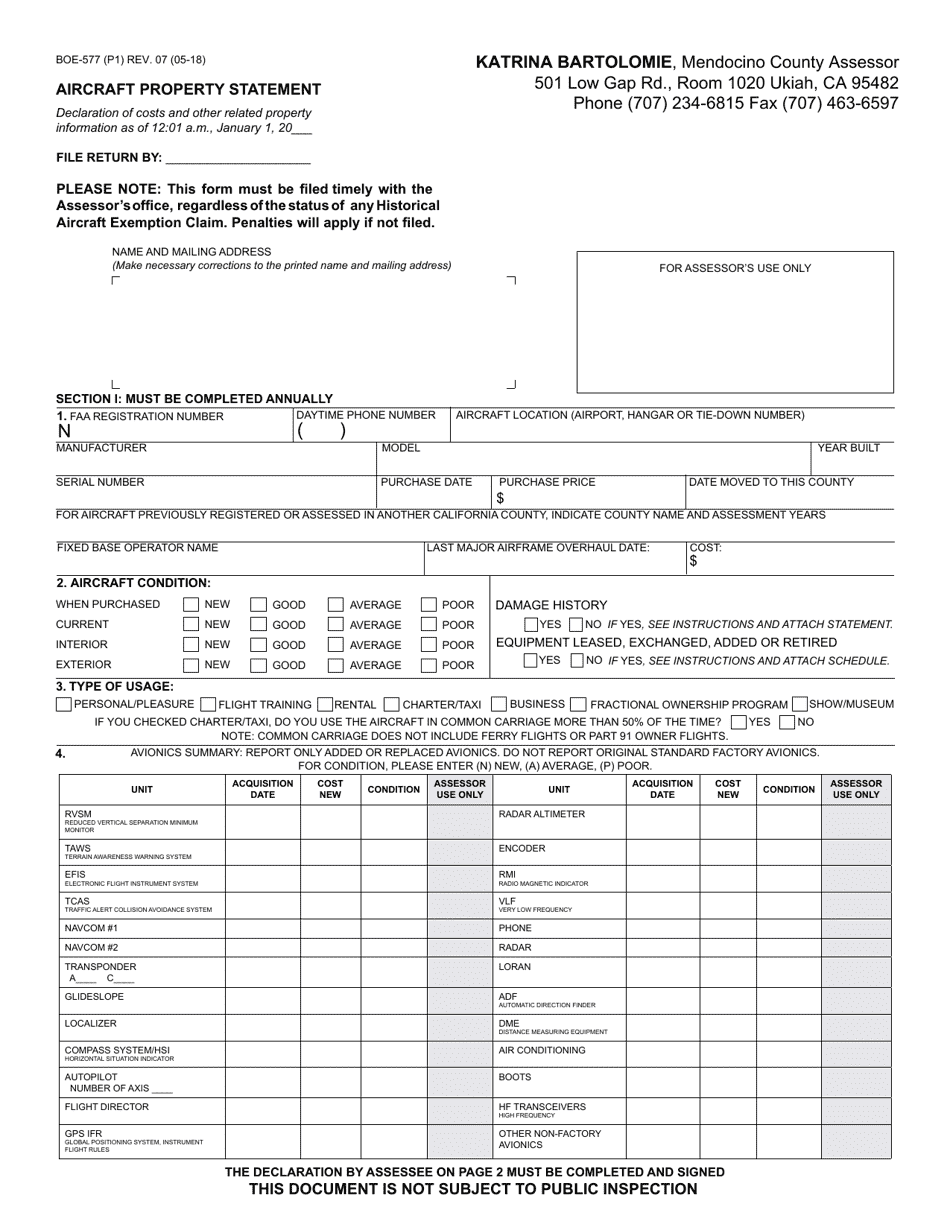 Form BOE-577 Aircraft Property Statement - Mendocino County, California, Page 1